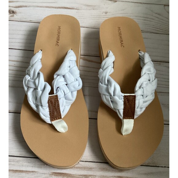 MORMIRAC  Thong Flip Flop Sandals White Braided Strap Tan Sole Women Size 8 - Picture 3 of 9